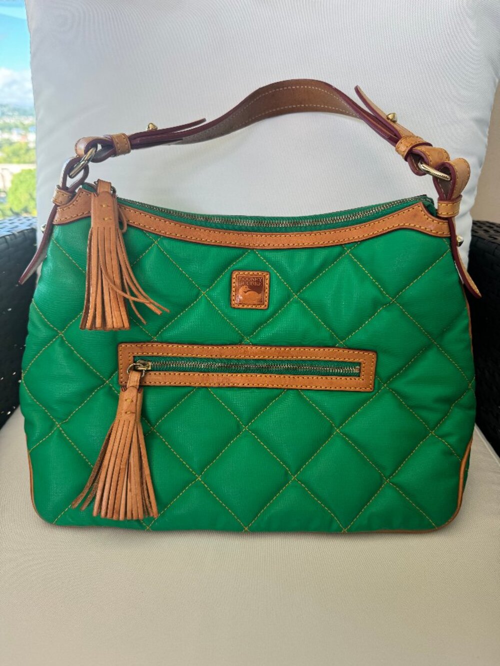 Dooney & Bourke Green Quilted Nylon Hobo Shoulder Bag Leather Tassels